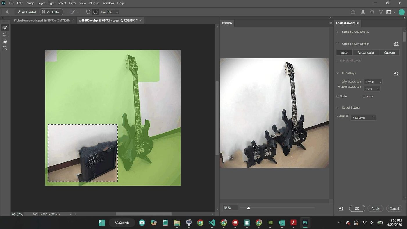 The real Content-Aware Fill workspace, with a selection marked around an object to remove, a green sampling-area overlay across the rest of the image, and a live preview panel on the right showing the result before committing