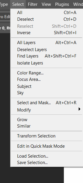 Photoshop's Select menu open, showing All, Deselect, Reselect, Inverse, All Layers, Deselect Layers, Find Layers, Isolate Layers, Color Range, Focus Area, Subject, Sky, Select and Mask, Modify, Grow, Similar, Transform Selection, Edit in Quick Mask Mode, Load Selection, and Save Selection