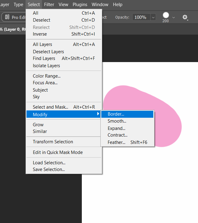 Select > Modify submenu open, showing Border, Smooth, Expand, Contract, and Feather, over a real pink blob-shaped selection on the canvas
