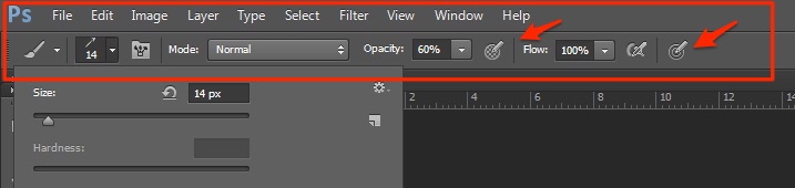 Photoshop's Brush tool options bar, annotated with red arrows pointing at the Opacity and Flow fields, both set to less than 100 percent