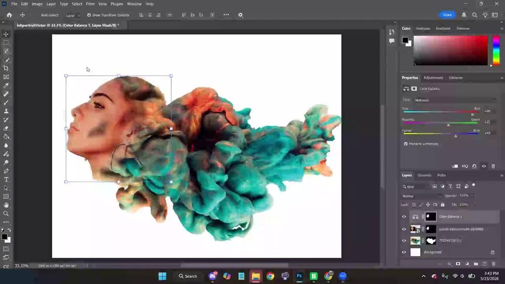 The same Ink Portrait composite, now with a Color Balance adjustment layer applied on top, pushing the smoke into vivid teal and orange tones, with the Color Balance Properties panel open showing Midtones sliders