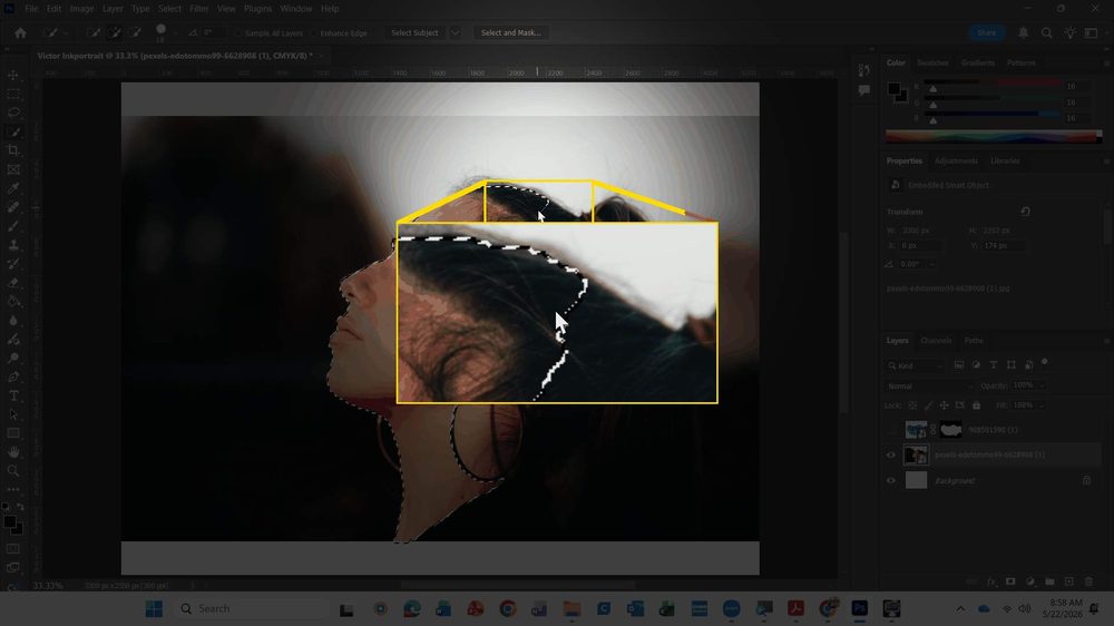 A real photo of a person's hair being refined in Photoshop's Select and Mask workspace, with a marching-ants selection following individual strands of hair