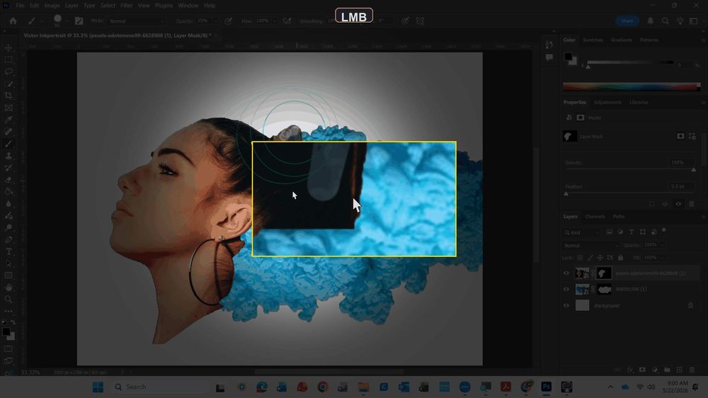 A real mask being painted with a brush at 25 percent Opacity, gradually revealing part of a texture layer on a real portrait composite
