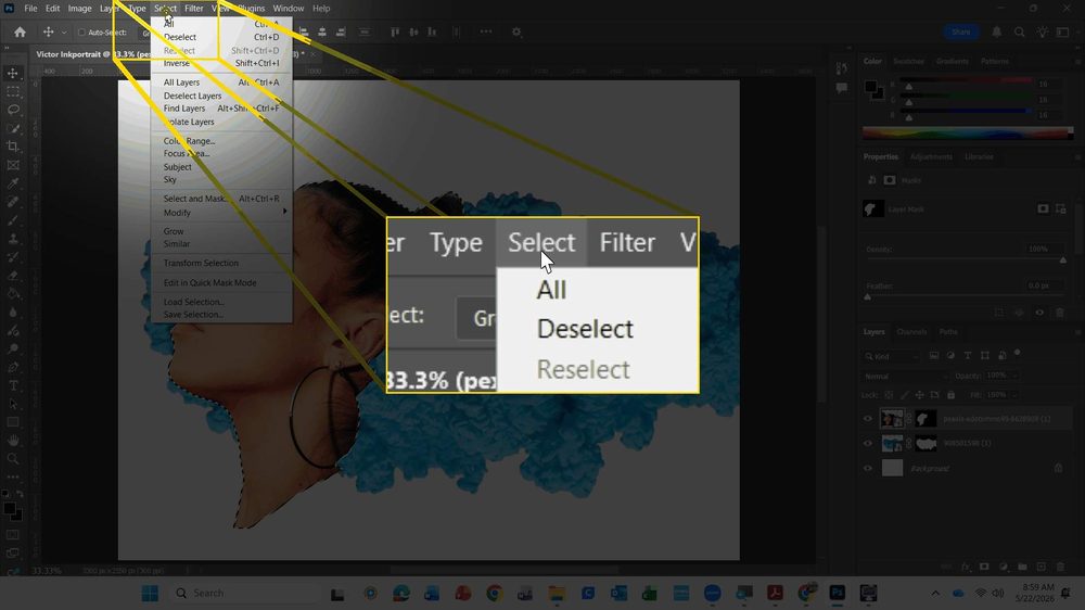 The Properties panel showing a selected Layer Mask's own controls: Density at 100 percent and Feather at 0.0px, with sliders for each