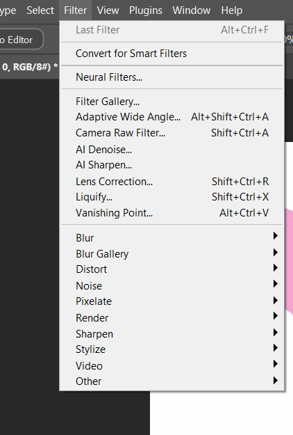 Photoshop's Filter menu open, showing Last Filter, Convert for Smart Filters, Neural Filters, Filter Gallery, Adaptive Wide Angle, Camera Raw Filter, AI Denoise, AI Sharpen, Lens Correction, Liquify, Vanishing Point, and the Blur, Blur Gallery, Distort, Noise, Pixelate, Render, Sharpen, Stylize, Video, and Other submenus