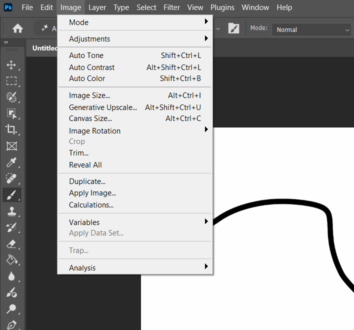 Photoshop's Image menu open, showing Mode, Adjustments, Auto Tone, Auto Contrast, Auto Color, Image Size, Generative Upscale, Canvas Size, Image Rotation, Crop, Trim, Reveal All, Duplicate, Apply Image, Calculations, Variables, and Analysis