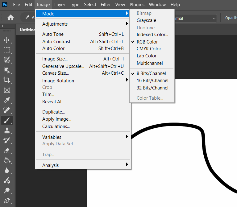 Photoshop's Image > Mode submenu, showing Bitmap, Grayscale, Duotone, Indexed Color, RGB Color (checked), CMYK Color, Lab Color, Multichannel, and 8/16/32 Bits/Channel options