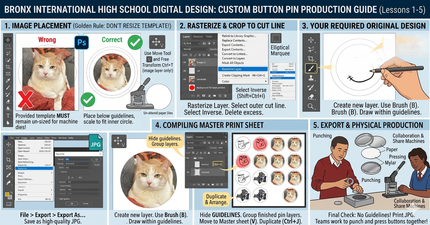 A five-step reference guide: 1. Image Placement, with a wrong example (template resized) crossed out and a correct example (template left alone, image placed below guidelines) checked. 2. Rasterize and Crop to Cut Line, showing the Rasterize Layer menu and Select Inverse. 3. Your Required Original Design, drawn with the Brush tool inside the guidelines. 4. Compiling Master Print Sheet, showing hidden guideline layers grouped and duplicated into a grid. 5. Export and Physical Production, showing the Export As dialog and two people operating a real button-pin press