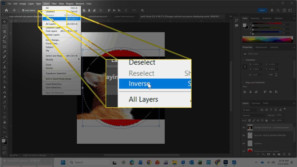 A real Photoshop document showing a circular pin design, with the cut-line circle loaded as a selection and the Select menu open with Inverse highlighted, and the Layers panel showing layers named face line DELETE BEFORE PRINTING, cut lines, and background for laser printers