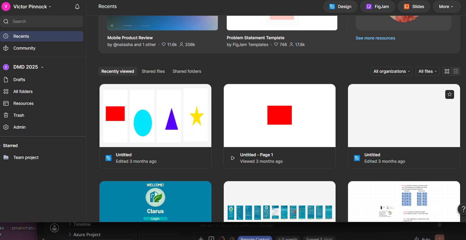 The Figma Dashboard, showing recently viewed and edited files in a grid, including template resources and personal project files.