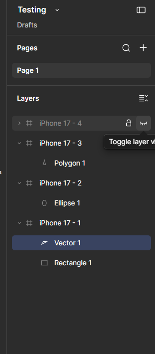 Figma's Layers panel, showing nested Frames named iPhone 17 - 1 through iPhone 17 - 4, each expandable to reveal the shapes inside it, with a 'Toggle layer visibility' tooltip visible on one frame.