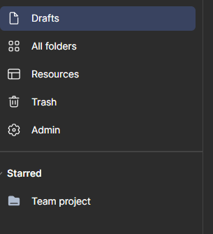 Figma's left sidebar navigation, listing Drafts, All folders, Resources, Trash, Admin, and a Starred section with a Team project folder.