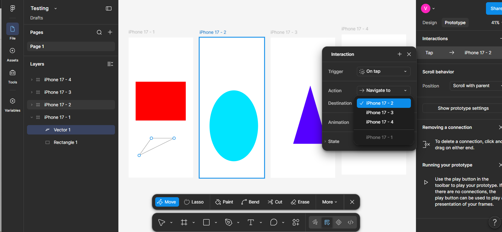 Figma's Prototype tab, showing a connection line drawn from a shape on one frame to a second frame named iPhone 17 - 2, with an Interaction panel open reading Tap, Navigate to, Destination: iPhone 17 - 2.