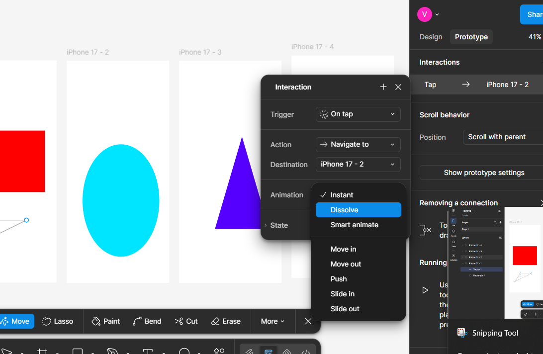 The Animation dropdown in Figma's Interaction panel, listing Instant, Dissolve (selected), Smart animate, Move in, Move out, Push, Slide in, and Slide out.