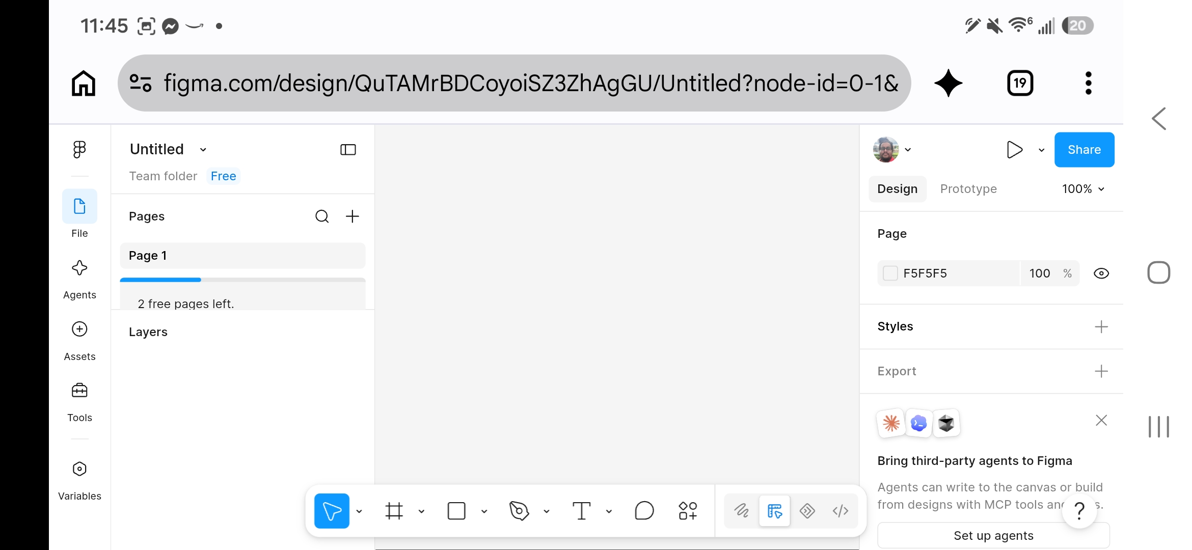 Figma's Variables panel, empty, reading 'No variables created in this file,' with Create and Import buttons.