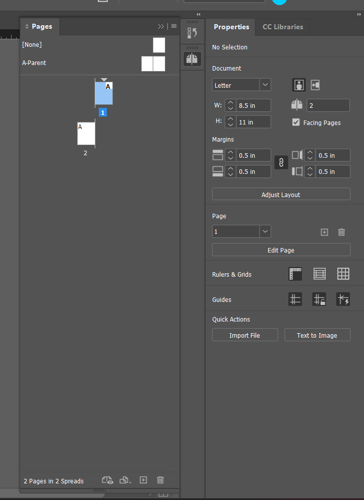 InDesign's Properties panel with no object selected, showing Document settings: Letter preset, Width 8.5in, Height 11in, Margins linked at 0.5in, Facing Pages checked, a Page selector, Edit Page button, Rulers & Grids, Guides, and Quick Actions for Import File and Text to Image.