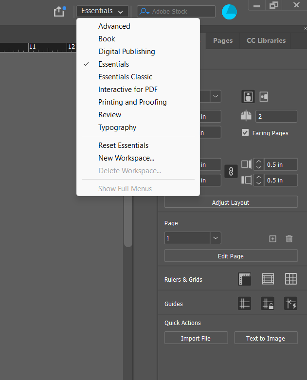 InDesign's Window menu open, listing every available panel: Articles, CC Libraries, Color, Comments, Control, Editorial, Effects, Flex Layout, Generate, History, Info, Interactive, Layers, Links, Math Expressions, Object & Layout, Output, Overlays, Pages, Properties, Stroke, Styles, Text Wrap, Tools, Type & Tables, Utilities, and Version History.