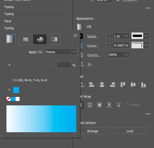InDesign's Swatches panel listing None, Registration, Paper, Black, and several custom CMYK color swatches, each showing its own C/M/Y/K breakdown.