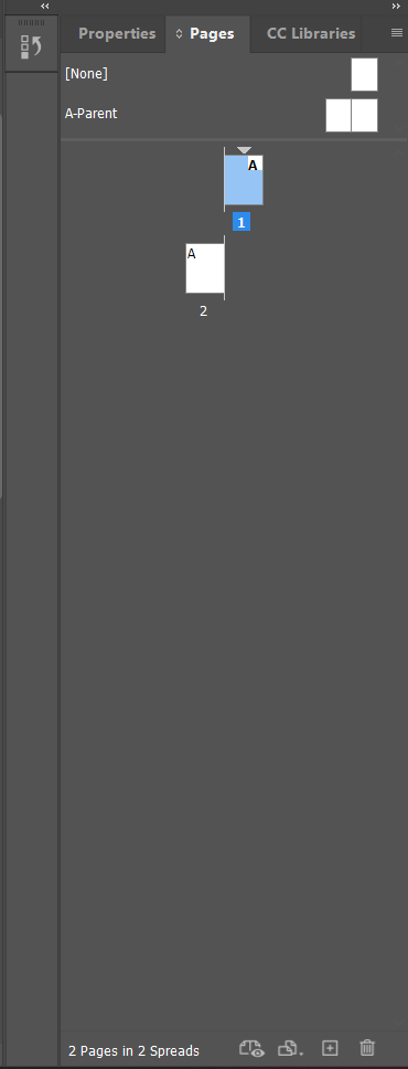 InDesign's Pages panel showing a None master, an A-Parent master page thumbnail, and a 3-page document: page 1 alone, and pages 2-3 as a facing-pages spread, both linked to master A.