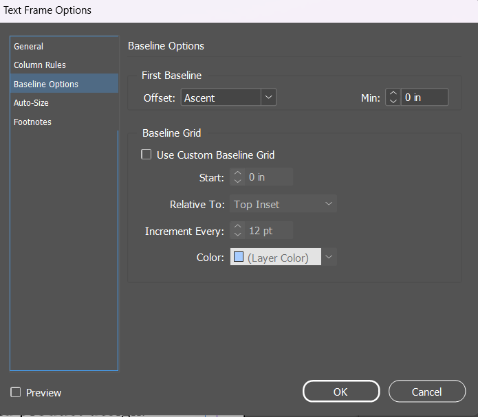 InDesign's Text Frame Options dialog open to its Baseline Options tab, with General, Column Rules, Baseline Options, Auto-Size, and Footnotes tabs listed on the left, and First Baseline and Baseline Grid settings visible.