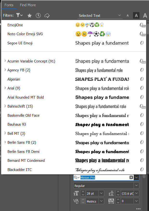 InDesign's font family menu, showing filters, a search field, and a scrollable list of font families, each previewing the live selected text in that font.