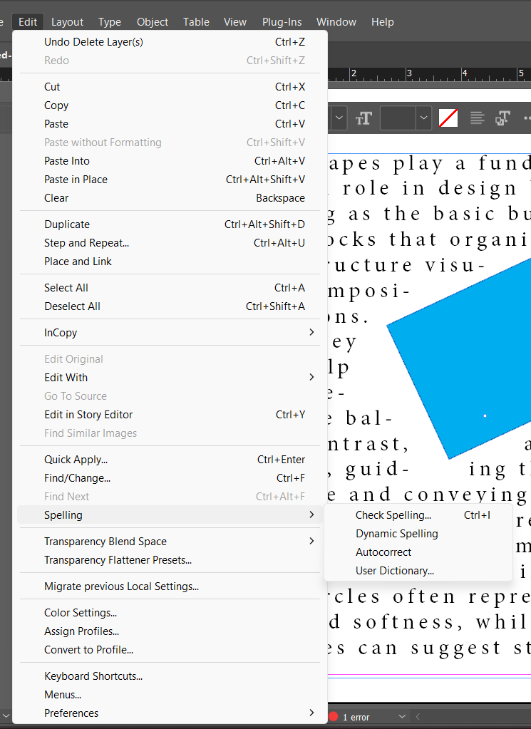 InDesign's Edit menu with the Spelling submenu open, showing Check Spelling (Ctrl+I), Dynamic Spelling, Autocorrect, and User Dictionary.
