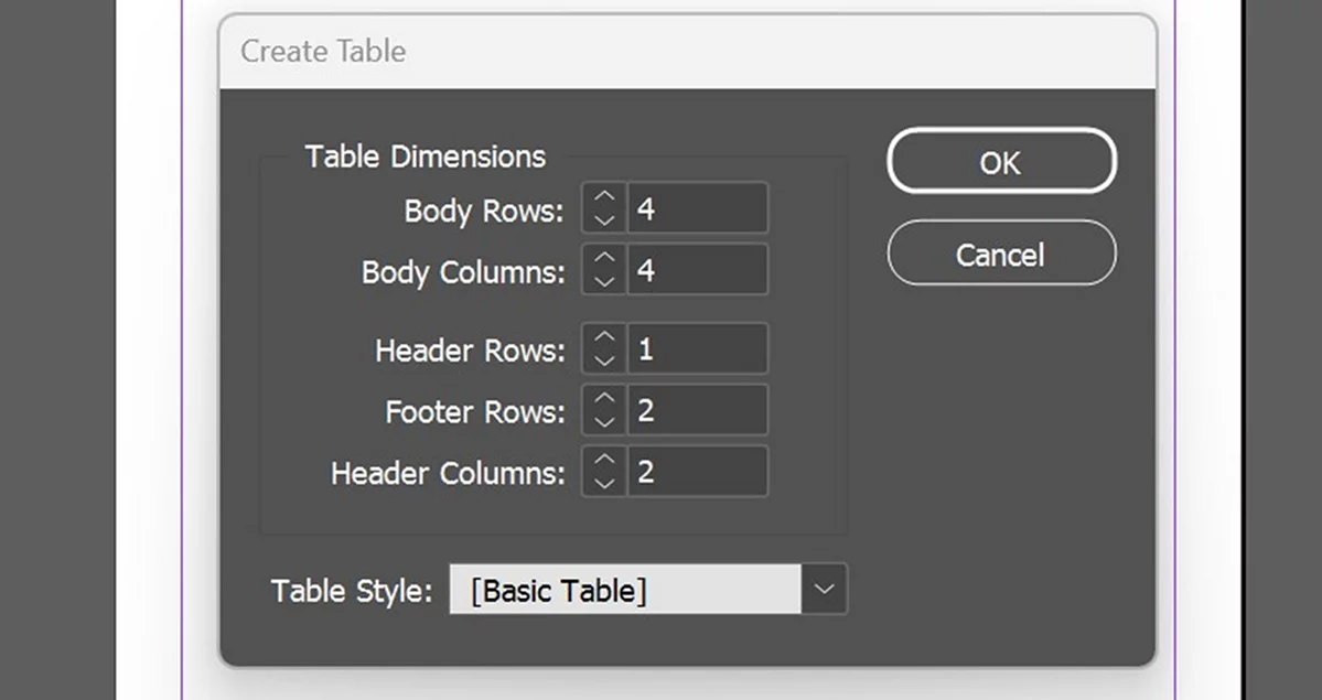 The Create Table dialog, showing Table Dimensions fields for Body Rows (4), Body Columns (4), Header Rows (1), Footer Rows (2), and Header Columns (2), with a Table Style dropdown set to Basic Table.