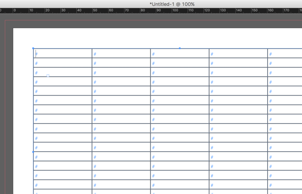 A freshly inserted table on the page, every cell empty except for a small hash symbol marking the end-of-cell character, visible with hidden characters shown.