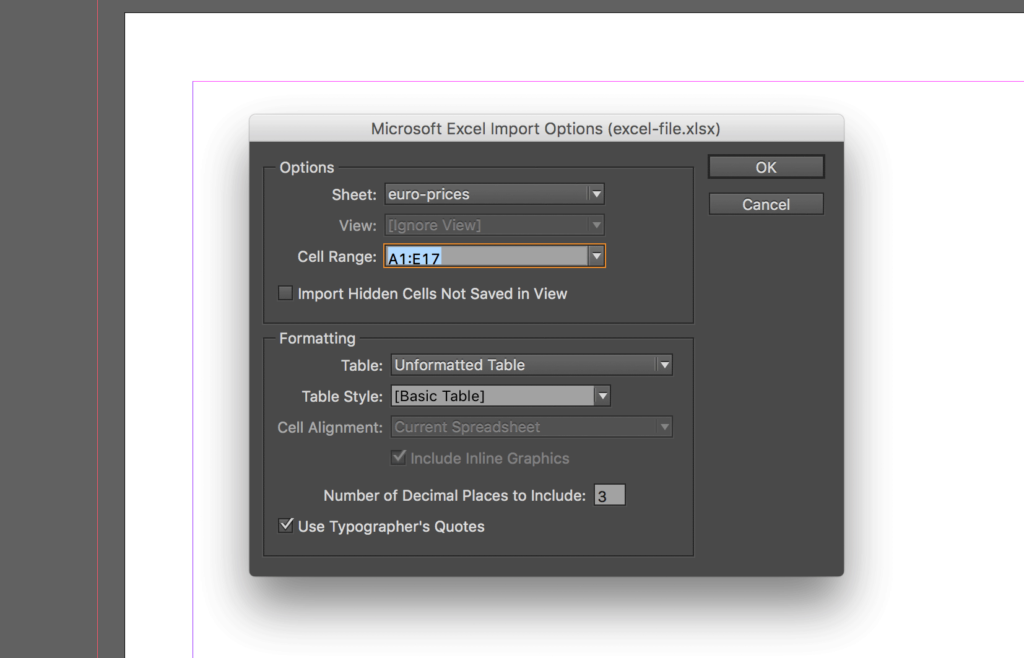 The Microsoft Excel Import Options dialog, showing Sheet set to 'euro-prices,' Cell Range A1:E17, Table set to Unformatted Table, Table Style set to Basic Table, and Use Typographer's Quotes checked.