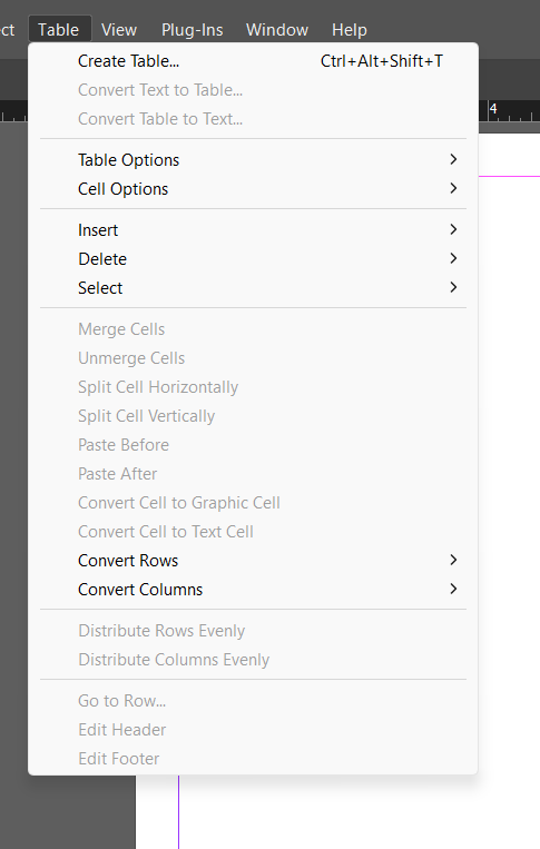 InDesign's Table menu open, showing Create Table (Ctrl+Alt+Shift+T), Convert Text to Table, Table Options, Cell Options, Insert, Delete, Merge Cells, Split Cell Horizontally/Vertically, and Distribute Rows/Columns Evenly.