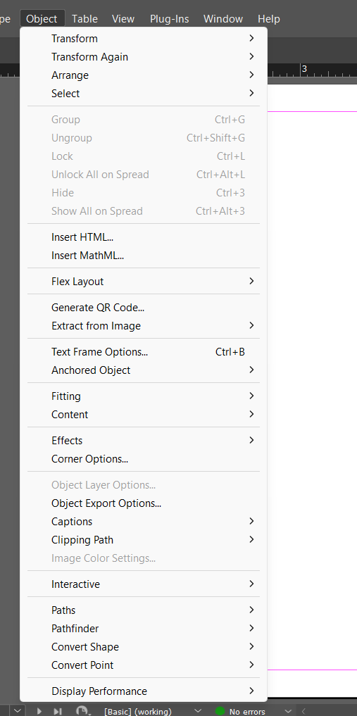 InDesign's Object menu open, showing Transform, Arrange, Text Frame Options, Anchored Object, Fitting, Effects, Corner Options, Object Export Options, Clipping Path, Paths, Pathfinder, and Convert Point submenus.