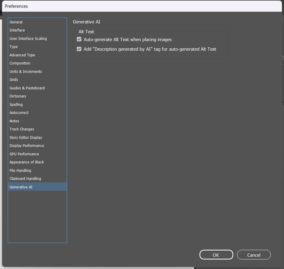 InDesign's Preferences dialog, Generative AI pane, showing two checked boxes: "Auto-generate Alt Text when placing images" and "Add 'Description generated by AI' tag for auto-generated Alt Text."