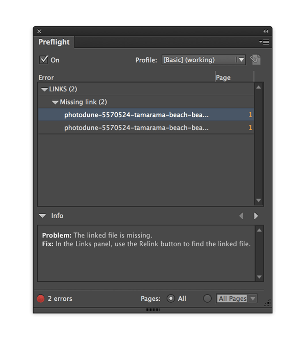 The Preflight panel flagging two errors under LINKS: Missing link (2), listing two image files by name on page 1. The Info section reads 'Problem: The linked file is missing. Fix: In the Links panel, use the Relink button to find the linked file.'