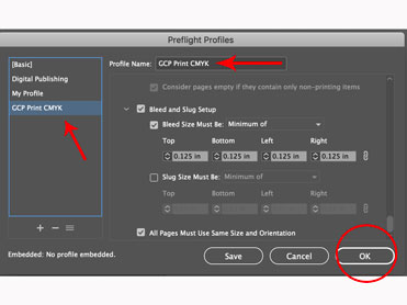 The Preflight Profiles dialog, editing a custom profile named 'GCP Print CMYK,' with Bleed and Slug Setup fields (Top/Bottom/Left/Right, each 0.125 in) expanded and highlighted.