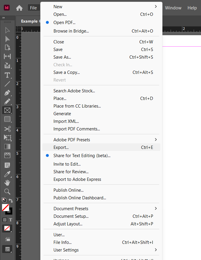 InDesign's File menu open with Export highlighted (Ctrl+E), alongside Adobe PDF Presets, Share for Text Editing, Share for Review, Publish Online, and Publish Online Dashboard.