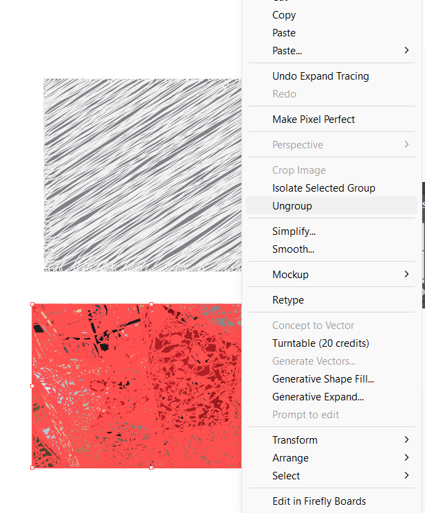 The traced artwork's right-click context menu open, showing Expand Tracing, Crop Image, Ungroup, Simplify, and other options, next to a preview of the trace result rendered as bold red-and-black shapes.