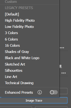The Image Trace preset dropdown menu, listing options including Default, High Fidelity Photo, Low Fidelity Photo, 3 Colors, 6 Colors, 16 Colors, Shades of Gray, Black and White Logo, Sketched Art, Silhouettes, Line Art, and Technical Drawing.