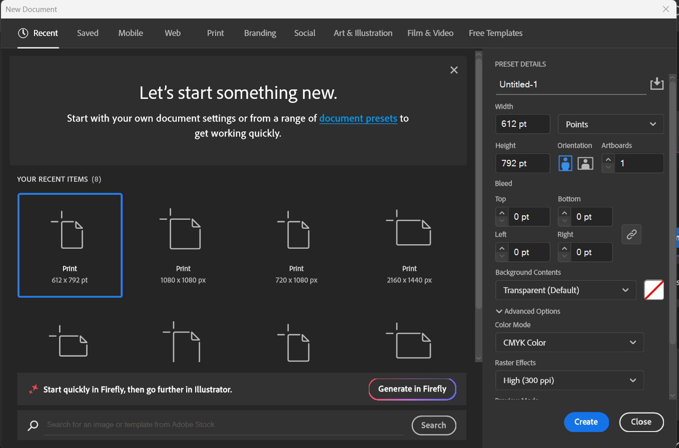 Illustrator's New Document dialog, showing preset categories across the top (Recent, Saved, Mobile, Web, Print, Branding, Social, Art & Illustration, Film & Video, Free Templates) and Preset Details: Width 612pt, Height 792pt, one Artboard, 0pt bleed on all sides, Transparent background, CMYK Color mode, and Raster Effects set to High (300ppi).