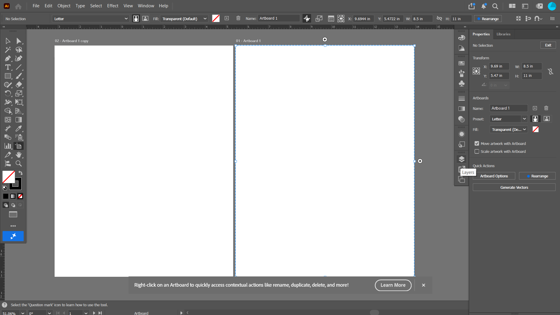 Two artboards side by side on the pasteboard, labeled '01 - Artboard 1' and '02 - Artboard 1 copy,' with the Artboard Options panel open on the right showing Name, Preset, Fill, and Move/Scale Artwork With Artboard checkboxes.