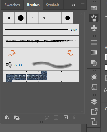 The Brushes panel, showing a row of Calligraphic brush dots and lines, then a Basic stroke, a rough Charcoal-style art brush, an Arrow pattern brush, a Bristle brush stroke, and a scatter brush of small marks.