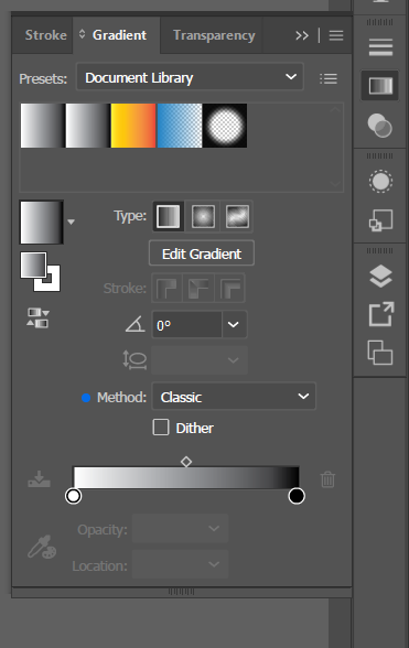 The Gradient panel, showing gradient Type and Method options and a horizontal gradient slider running from white to black.