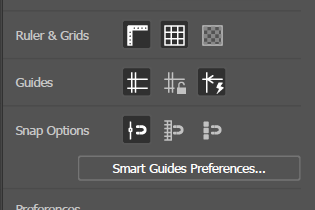 Illustrator's Preferences dialog, Guides & Grid pane, showing Ruler & Grids icons, Guides options (Clear Guides, Lock Guides, Guides & Ruler), and Snap Options with a Smart Guides Preferences button.