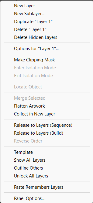 The Layers panel's flyout menu, listing New Layer, New Sublayer, Duplicate Layer 1, Delete Layer 1, Make Clipping Mask, Template, Show All Layers, and Panel Options, among other commands.