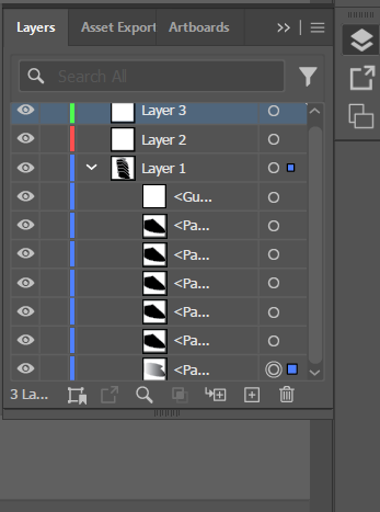 The Layers panel, showing three top-level layers named Layer 3, Layer 2, and Layer 1, with Layer 1 expanded to reveal a guide sublayer and several path sublayers underneath it, each with visibility toggles.