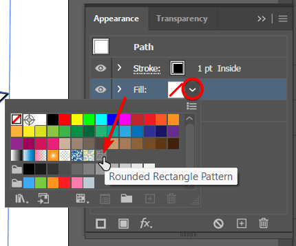 The Appearance panel with the Fill swatch dropdown open, showing a grid of pattern swatches with the new 'Rounded Rectangle Pattern' highlighted and its name shown in a tooltip.