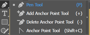 A tool flyout menu listing the Pen Tool, Add Anchor Point Tool, Delete Anchor Point Tool, and Anchor Point Tool, with their keyboard shortcuts.