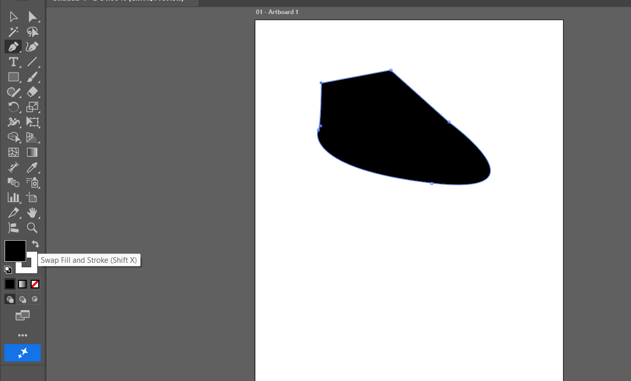 A curved wing-shaped path, closed and filled solid black, selected with the Selection tool showing its bounding box and anchor points.