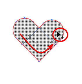 The same shapes, now with a crosshatched fill pattern, being dragged across with the Shape Builder tool to merge them into a single heart silhouette.