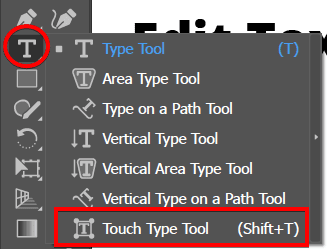 The Type tool's flyout menu, with the Touch Type Tool (Shift+T) highlighted in a red box at the bottom of the list, below Type Tool, Area Type Tool, Type on a Path Tool, and the vertical variants.