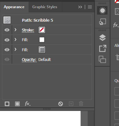 The Appearance panel for a selected path named 'Path: Scribble 5,' listing a Stroke, two separate Fill entries, and an Opacity row, each individually visible and editable.